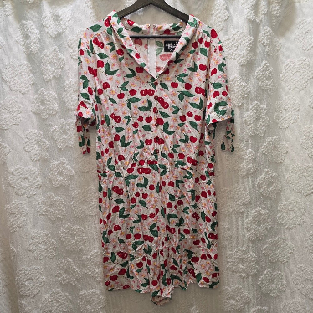 Hell Bunny Simona Cherry Print Romper White Red‎ Rockabilly Retro 2XL UK 18